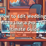 Cartoon illustration of a wedding video editing process with multiple video clips and editing tools displayed on a computer screen.