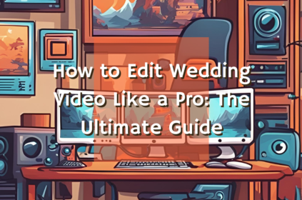 Cartoon illustration of a wedding video editing process with multiple video clips and editing tools displayed on a computer screen.