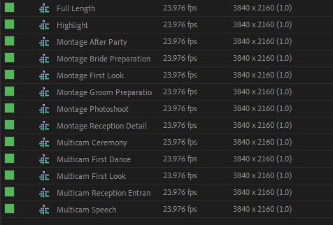 A screenshot showing multiple sequences created in Adobe Premiere Pro for breaking down the wedding video editing process.