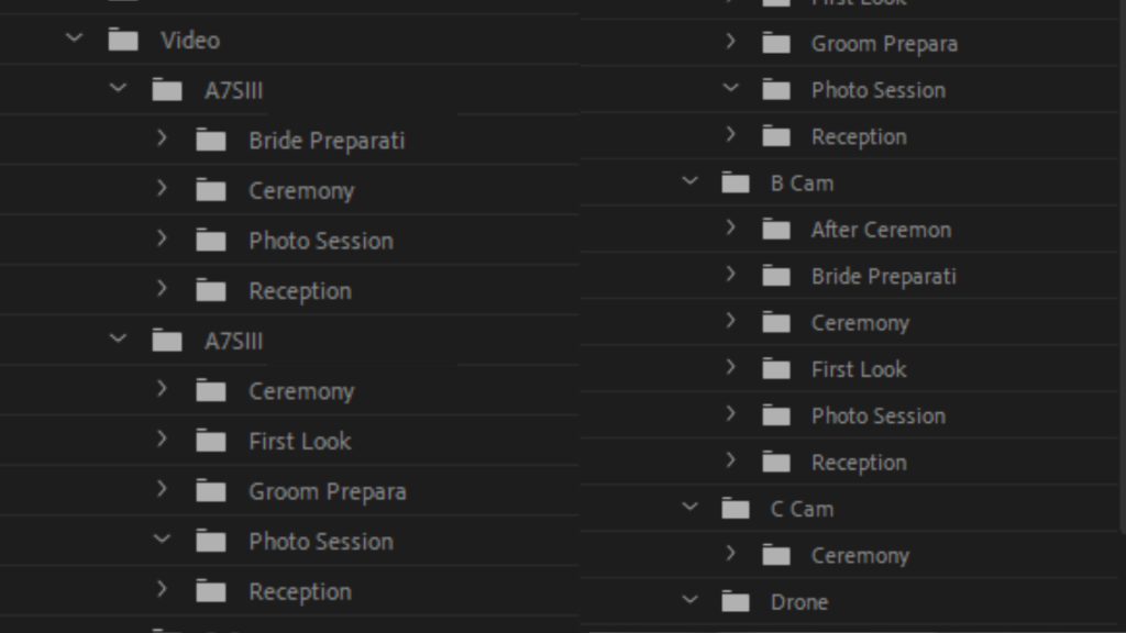 An organized project bin inside Adobe Premiere Pro, showing neatly arranged folders and video clips.