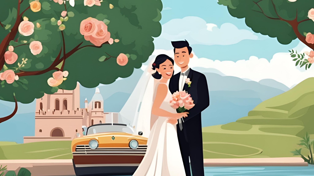 Cartoon illustration of a wedding photo location scene at a Western wedding.