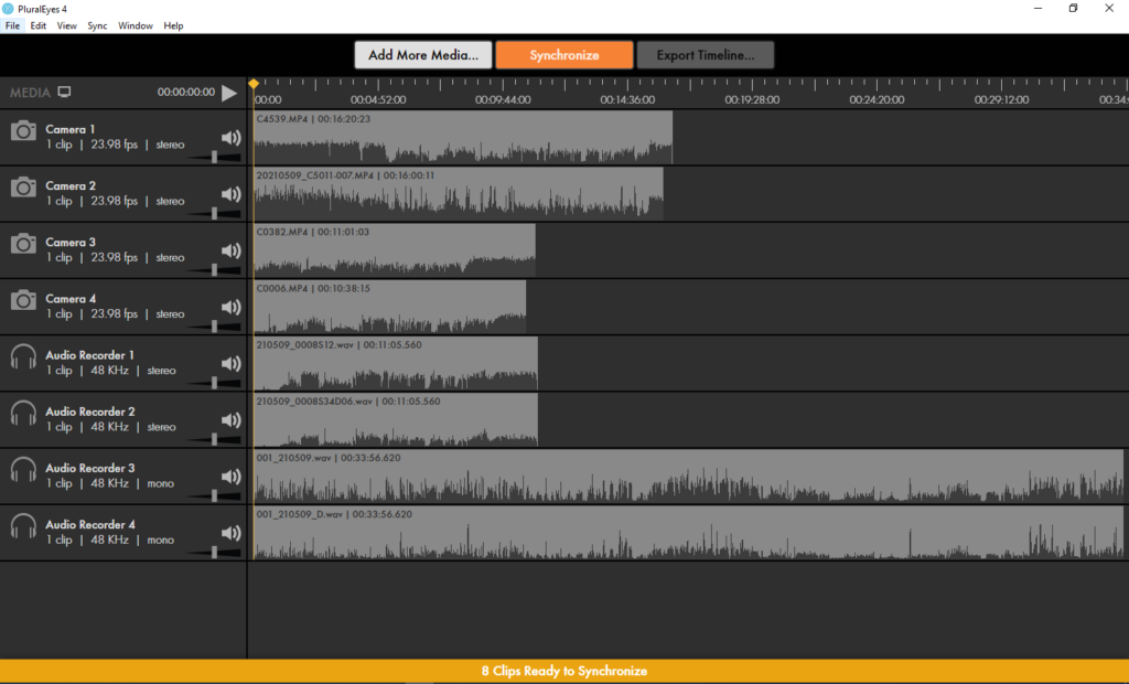 Syncing video clips and audio with PluralEyes for seamless wedding video editing.