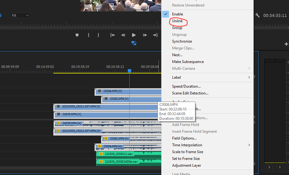 Premiere Pro interface showing the steps to unlink video and audio clips.